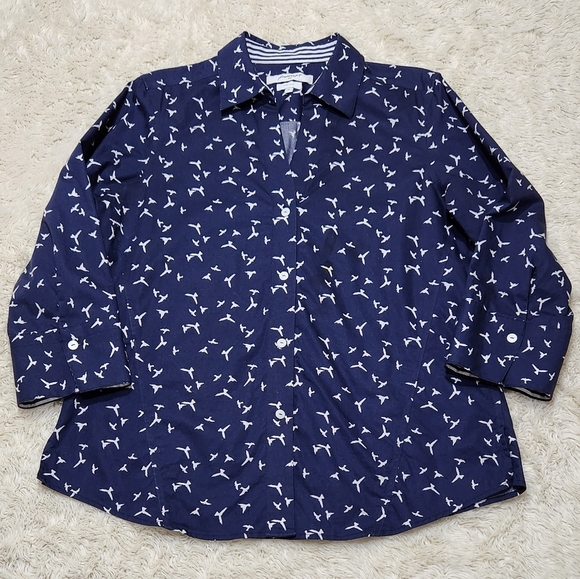Foxcroft Easy Care Button Front 3/4 Sleeve Blouse Top Womens Medium Blue / Bird - Picture 4 of 10